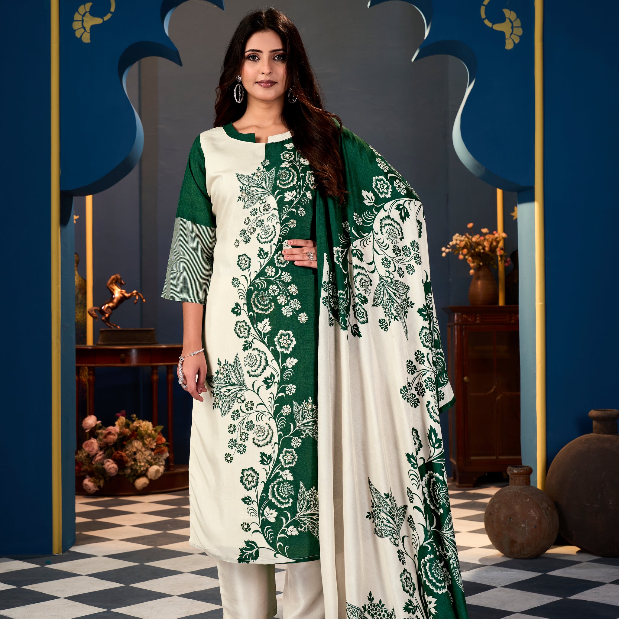 Half Green Cream Suits With Handwork In Pure  Muslin  Fabrics