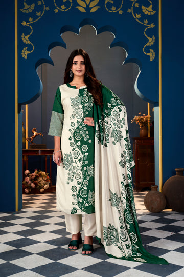 Half Green Cream Suits With Handwork In Pure  Muslin  Fabrics