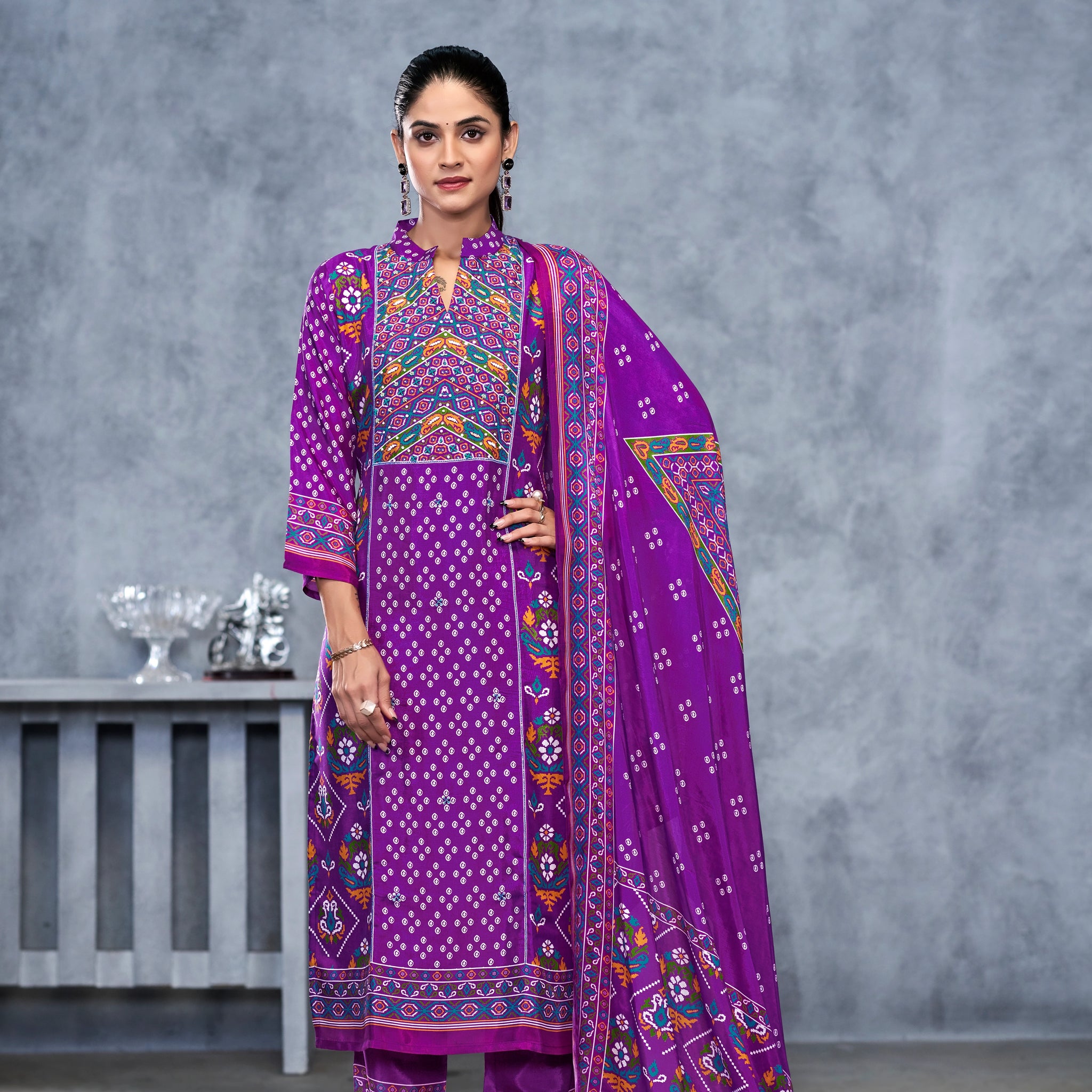 Lavender Suits With Handwork In Pure Viscose Muslin Fabric