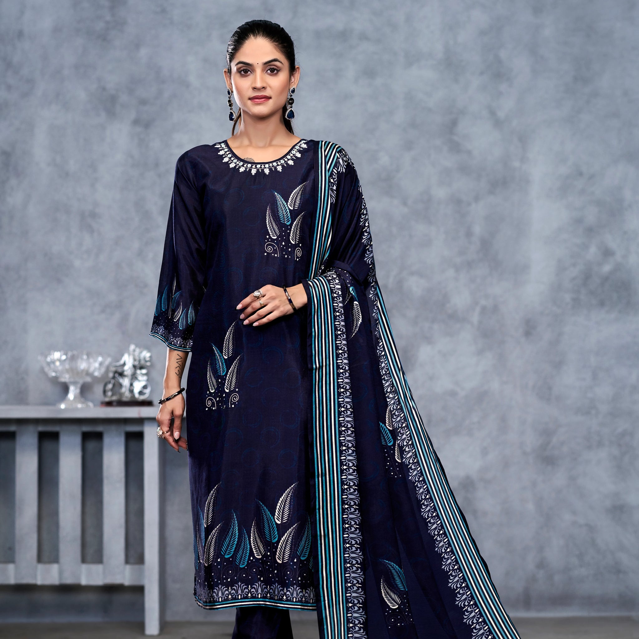 Blue Suits With Handwork In Pure Viscose Muslin Fabrics