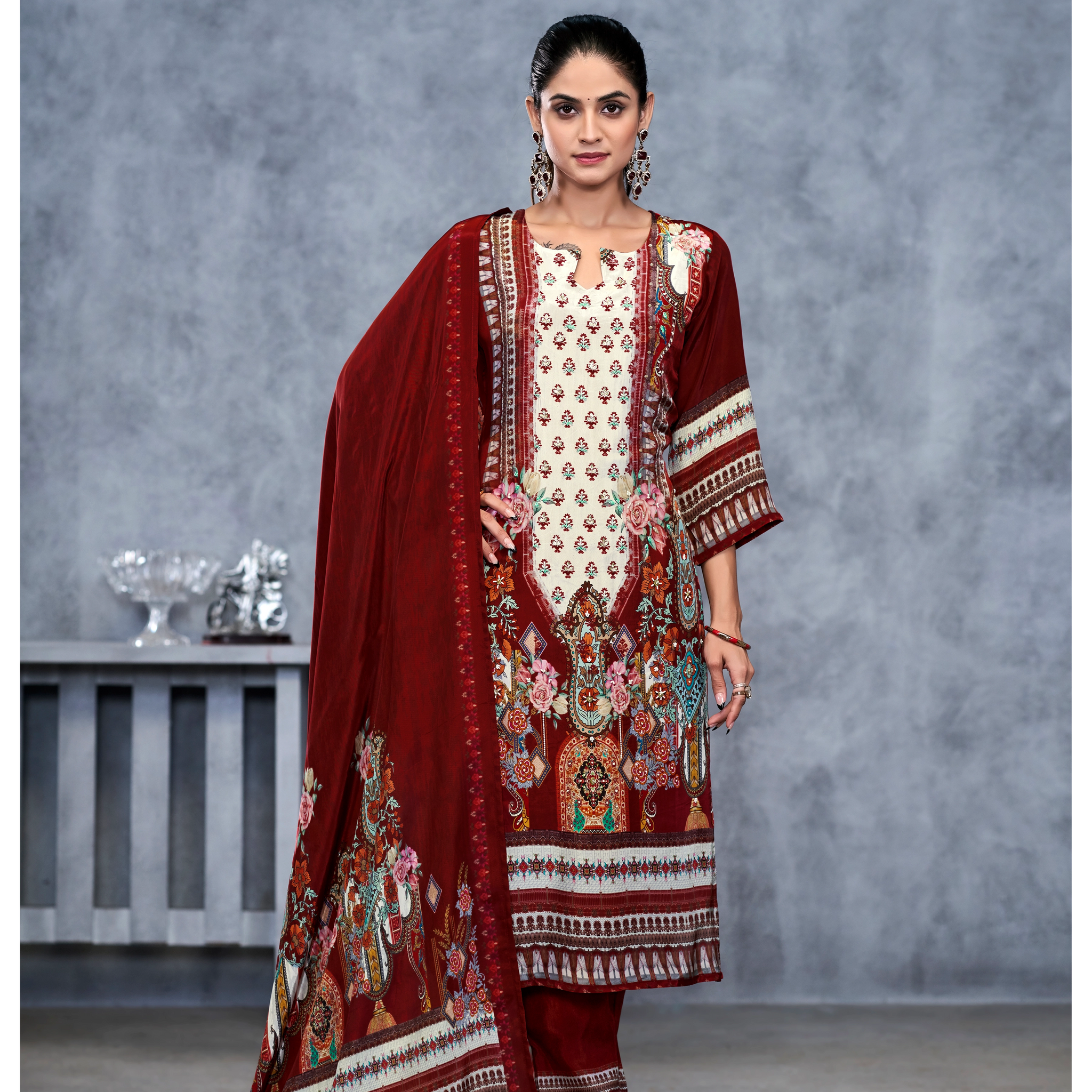 Maroon Suits With Nack Handwork In Pure Viscose Natural Crep Fabrics