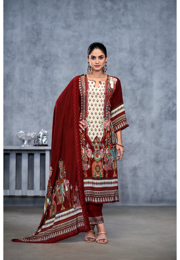 Maroon Suits With Nack Handwork In Pure Viscose Natural Crep Fabrics