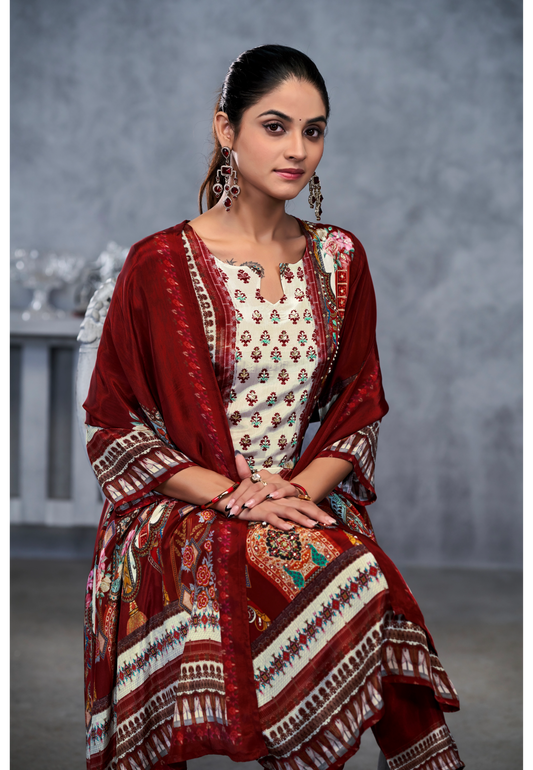 Maroon Suits With Nack Handwork In Pure Viscose Natural Crep Fabrics