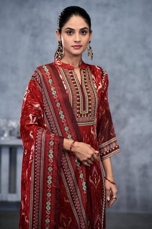 Maroon Suits With Nack Handwork In Pure Viscose Muslin Fabrics