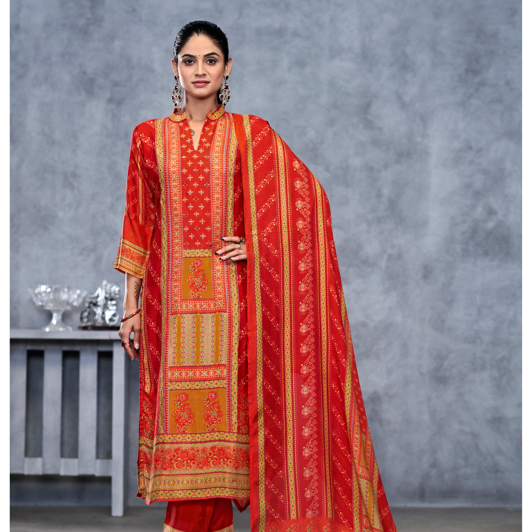 Red Suits With Handwork In Pure Viscose Muslin Fabrics