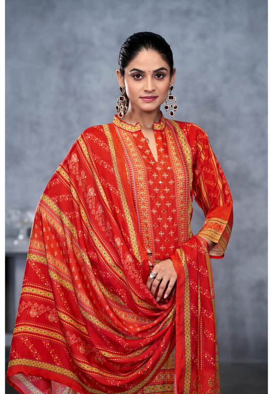 Red Suits With Handwork In Pure Viscose Muslin Fabrics