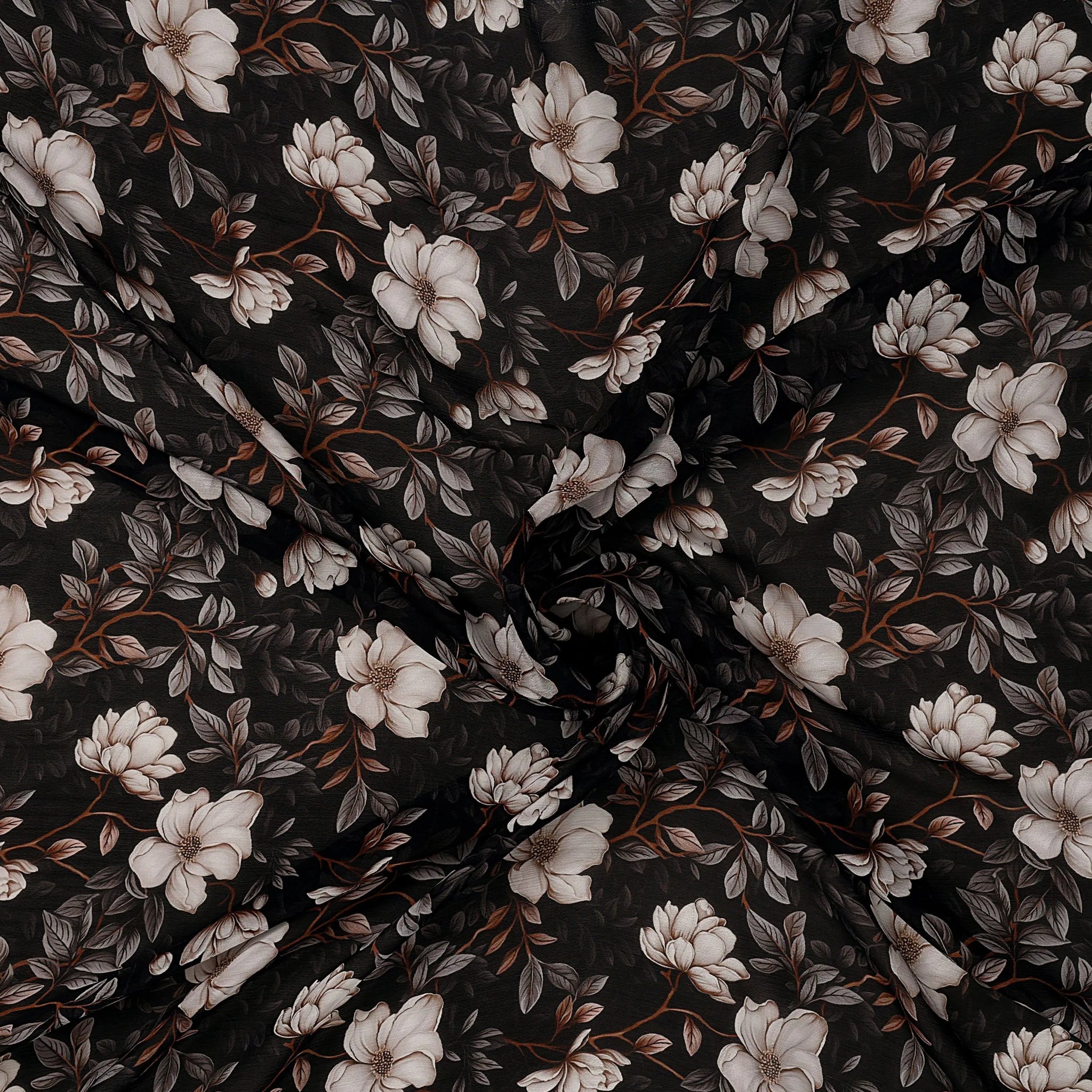 White Black Floral Digital Print Viscose Chinon Fabric