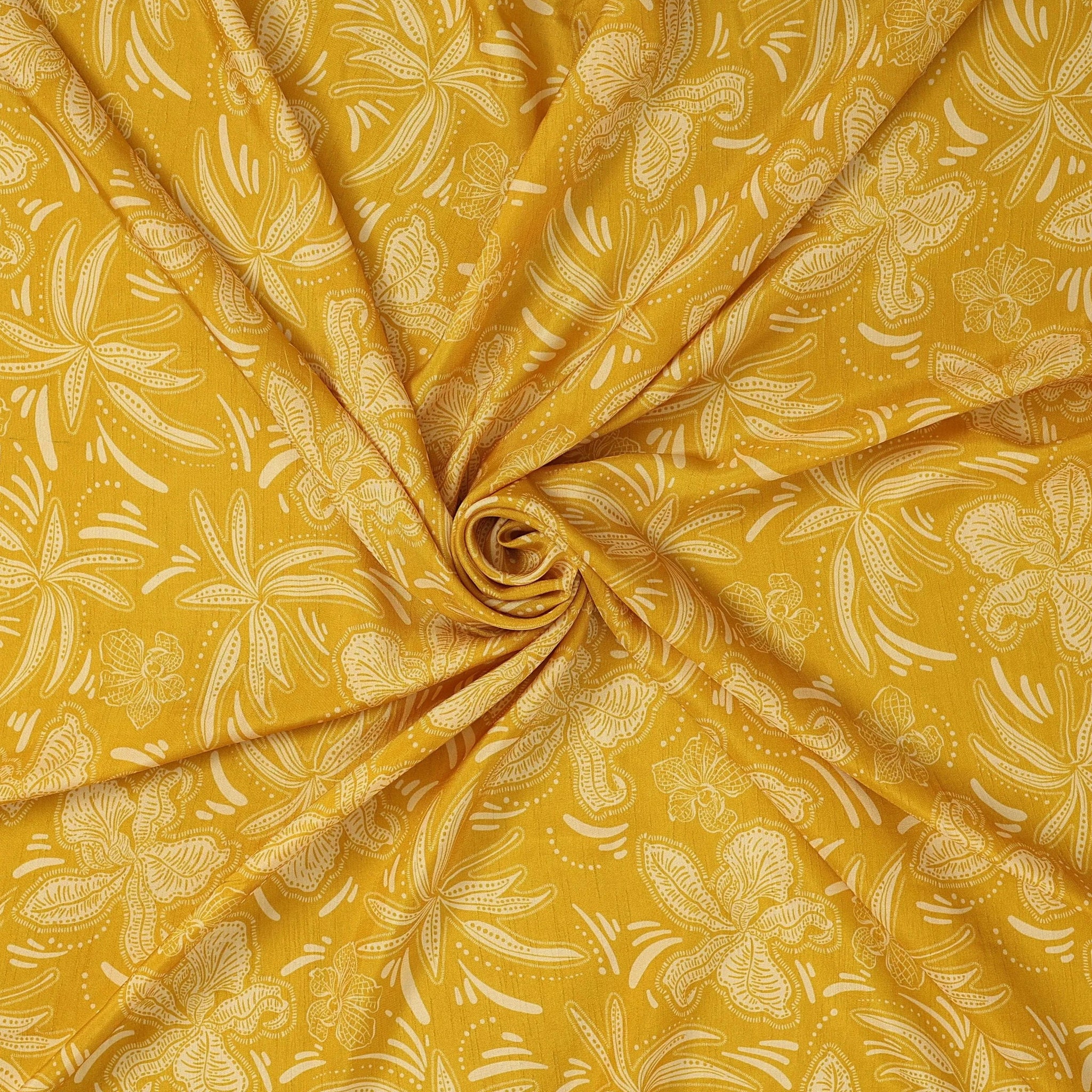 Yellow Leafs Pattern Digital Print Dolla Silk Fabric