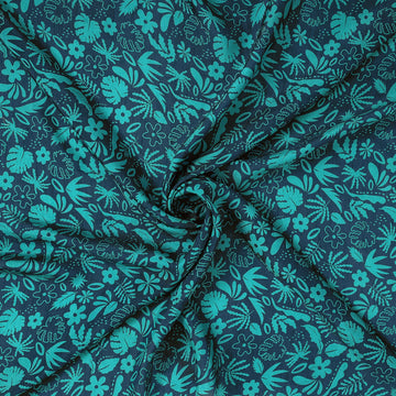 Blue Leafs Pattern Digital Print Dolla Silk Fabric