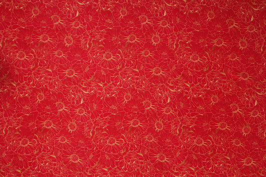 Red Golden Floral Digital Print Viscose Chinon Fabric