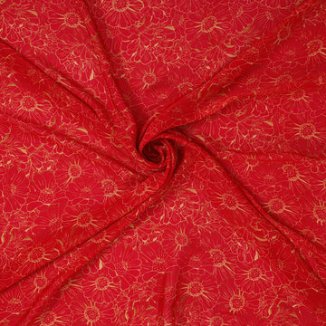 Red Golden Floral Digital Print Viscose Chinon Fabric