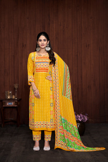 Yellow Suits With Handwork In Pure Muslin Fabrics