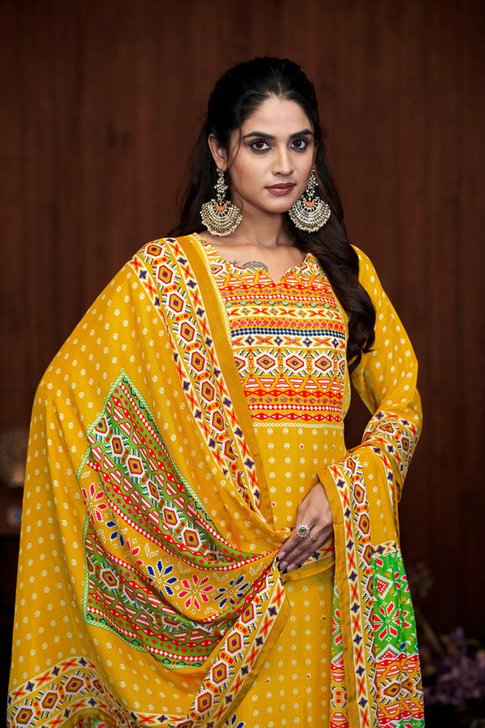 Yellow Suits With Handwork In Pure Muslin Fabrics