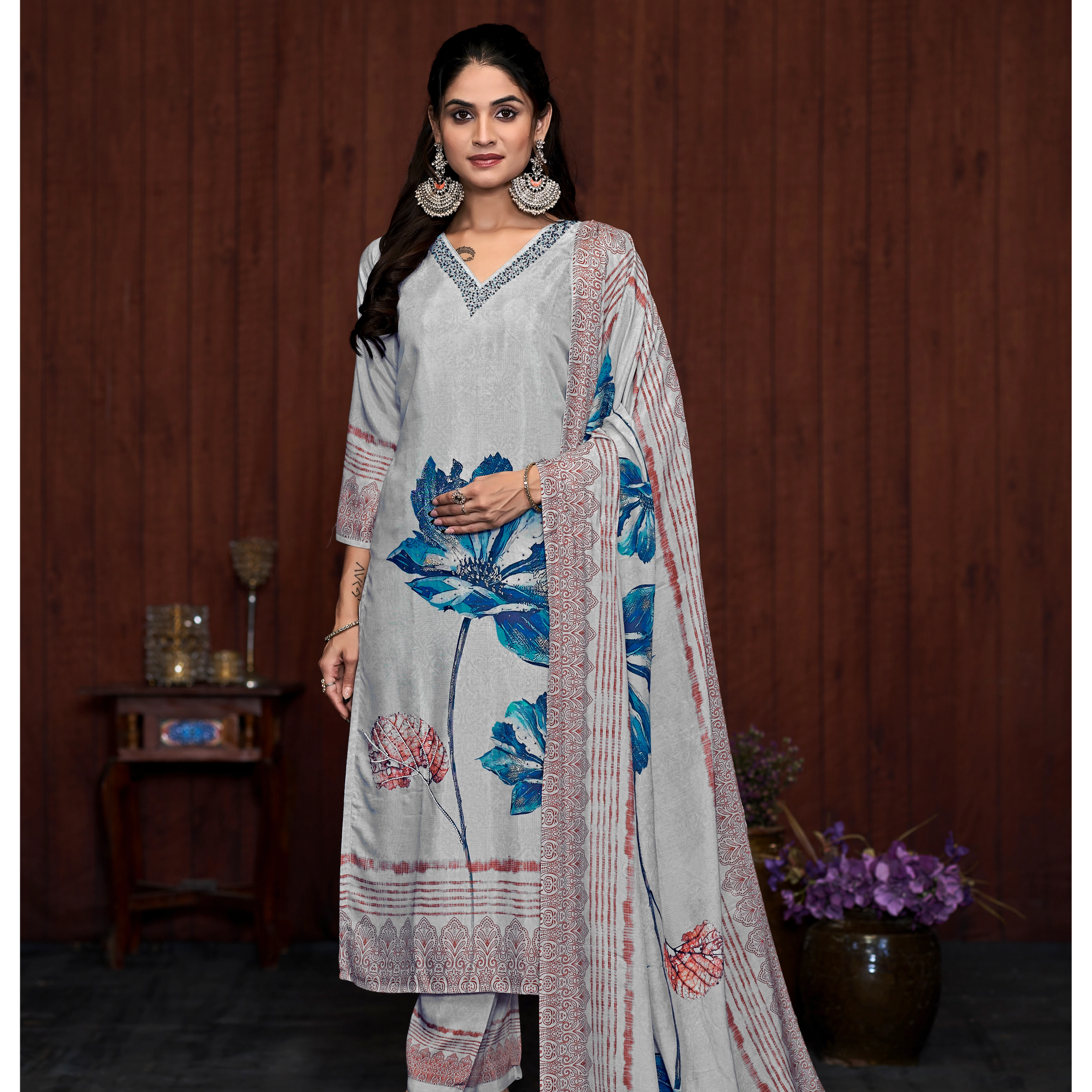 Grey Suits With Handwork In Pure Viscose Muslin Fabrics