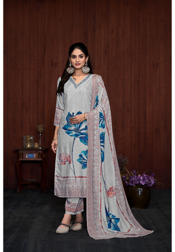 Grey Suits With Handwork In Pure Viscose Muslin Fabrics