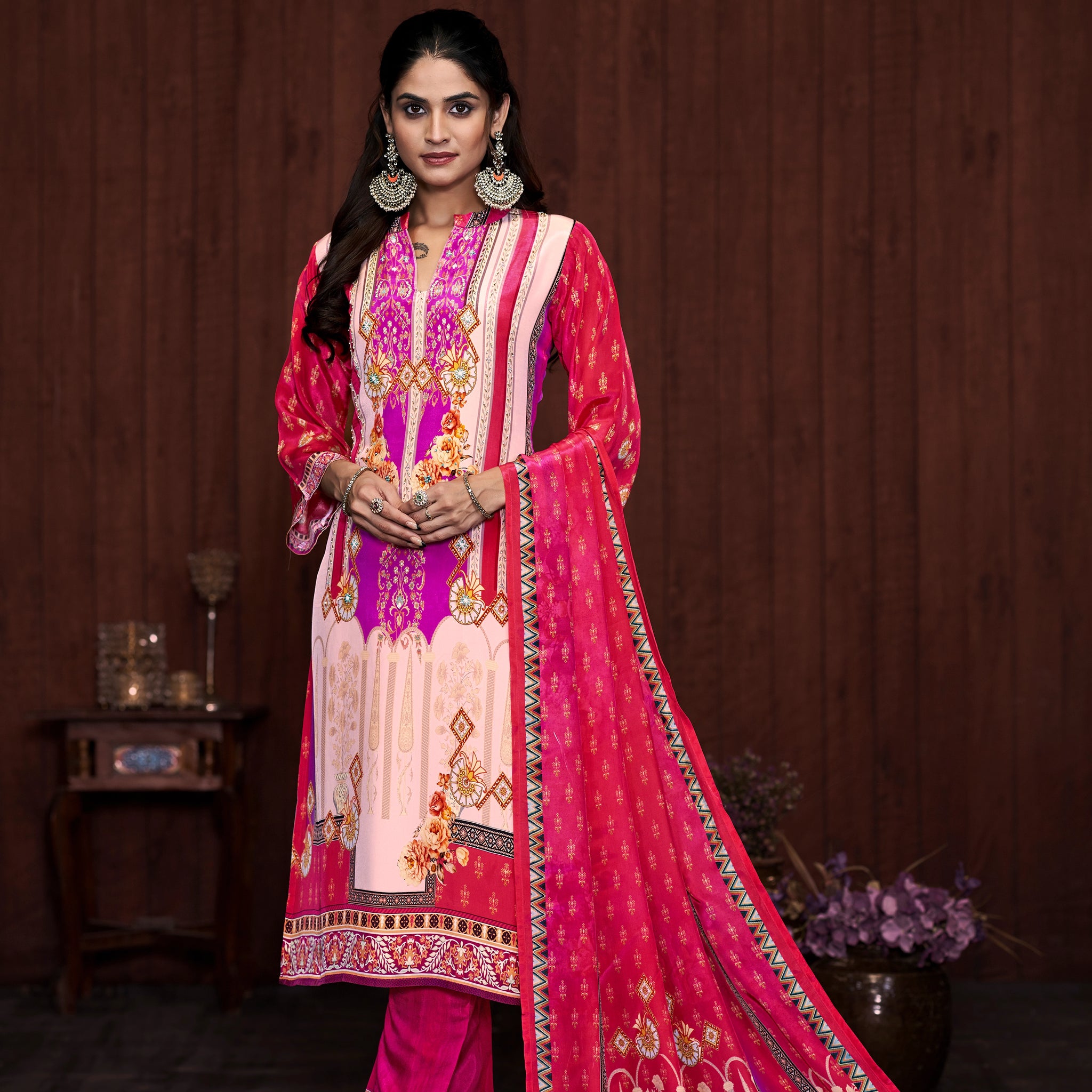 Pink Suits With Handwork In Pure Viscose Natural Crep Fabrics