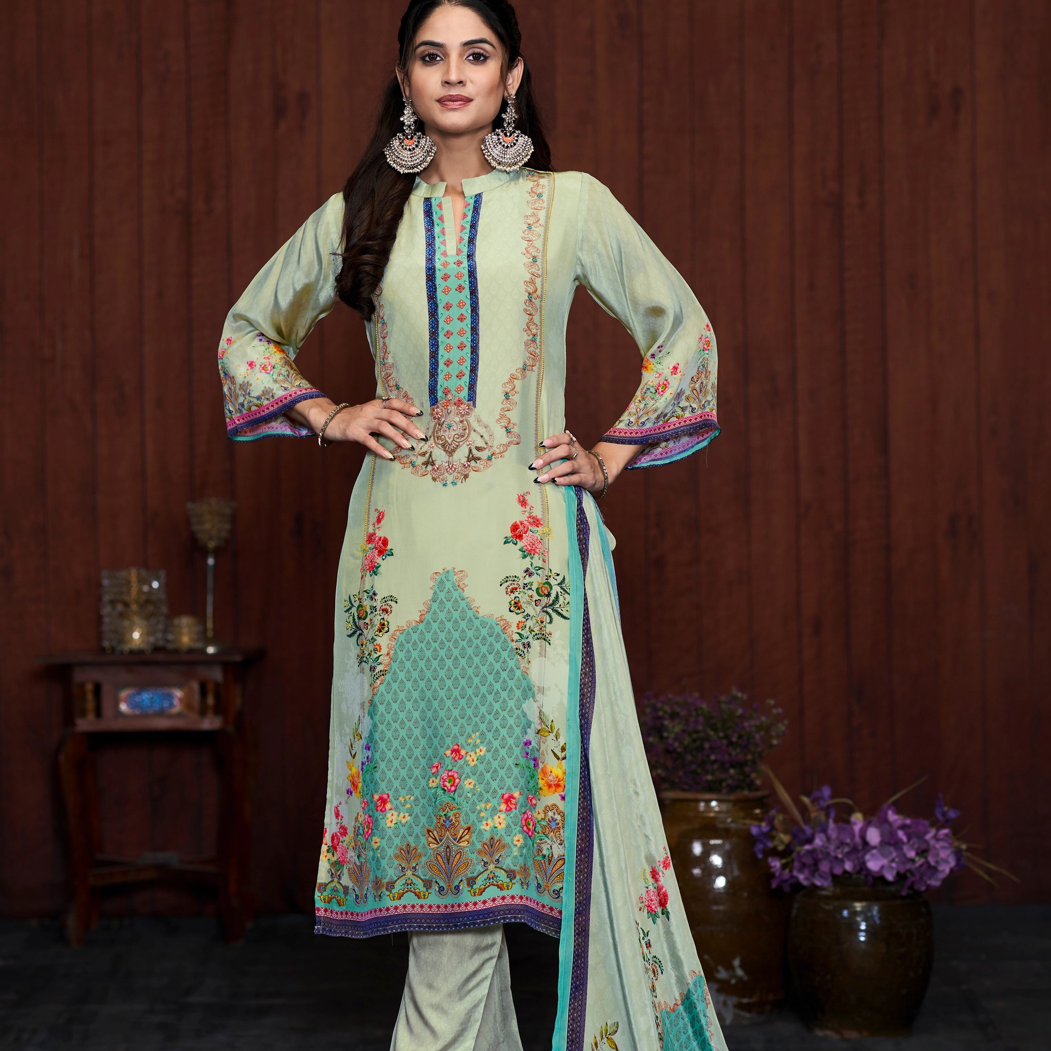 Light Pista Suits With Handwork In Pure Viscose Natural Crep Fabrics