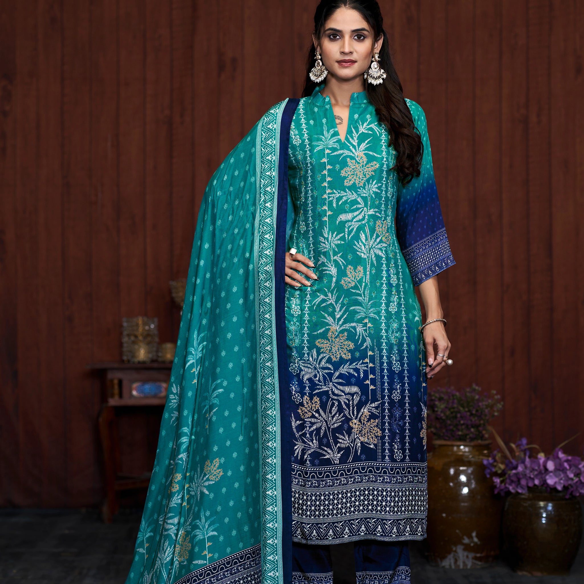 Blue Suits With Handwork In Pure Viscose Muslin Fabrics