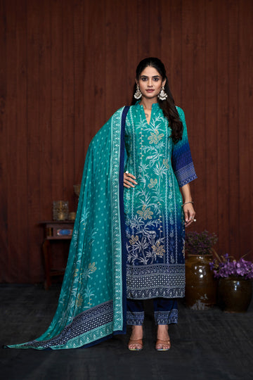 Blue Suits With Handwork In Pure Viscose Muslin Fabrics