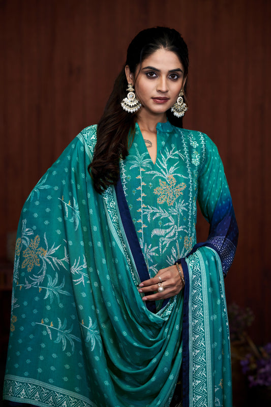 Blue Suits With Handwork In Pure Viscose Muslin Fabrics