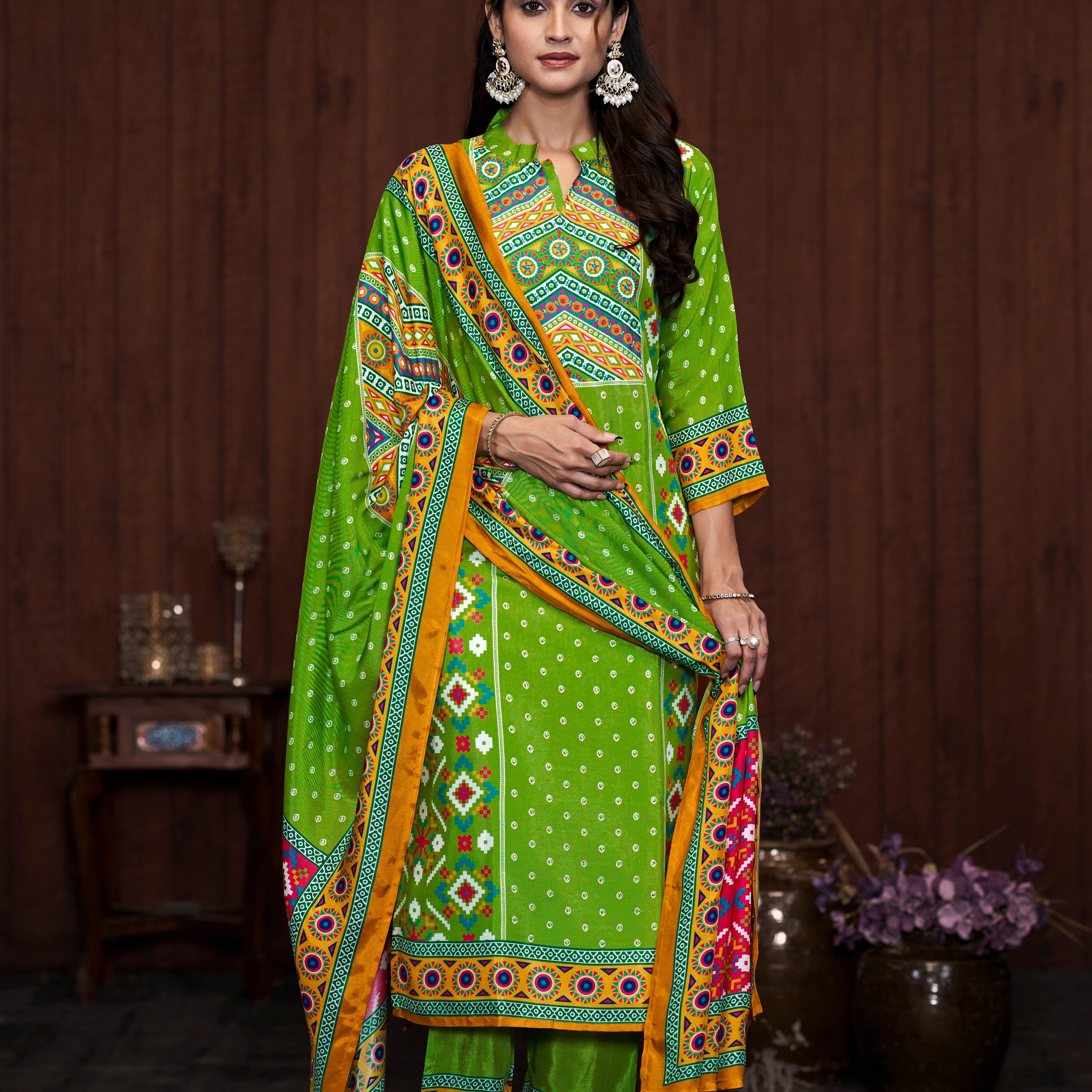 Green Suits With Handwork In Pure Viscose Muslin Fabric