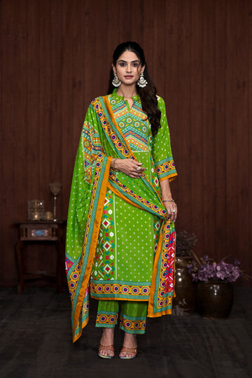 Green Suits With Handwork In Pure Viscose Muslin Fabric