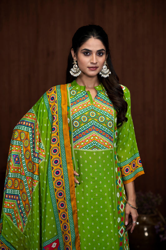 Green Suits With Handwork In Pure Viscose Muslin Fabric