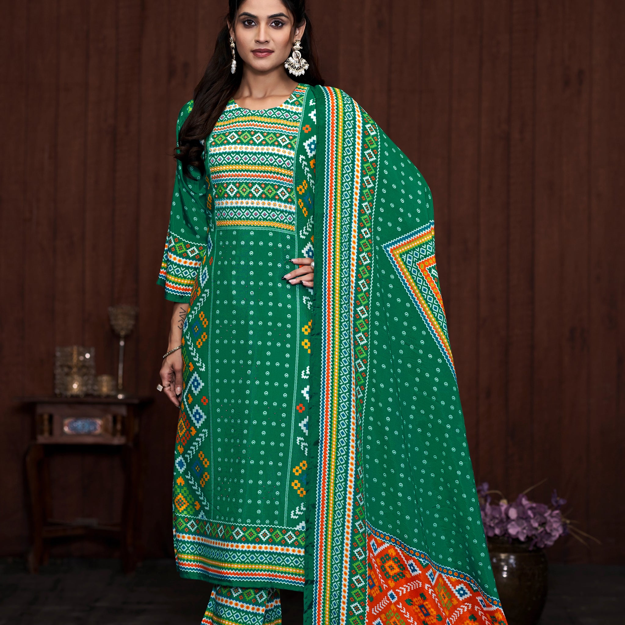 Green Suits With Handwork In Pure Viscose Muslin Fabric