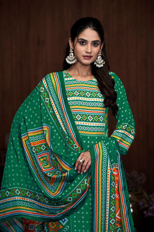 Green Suits With Handwork In Pure Viscose Muslin Fabric