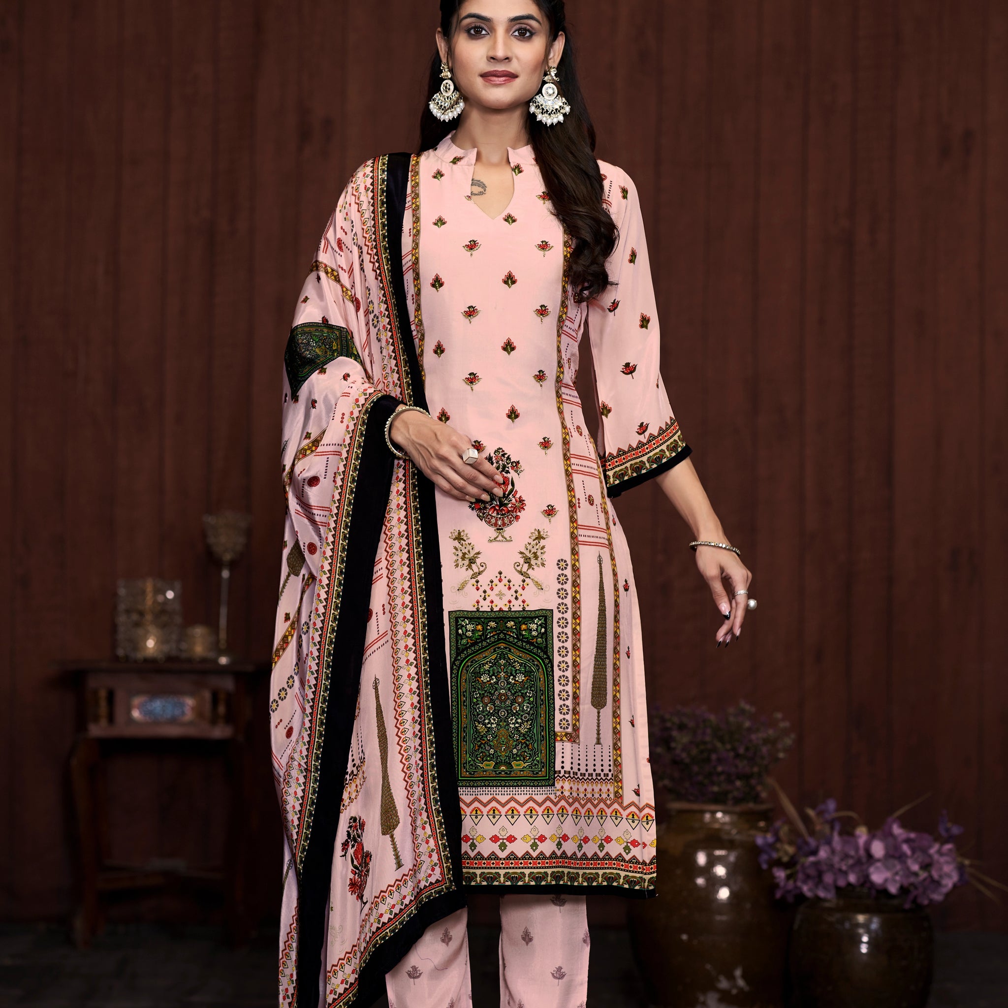 Pink Suits With Handwork In Pure Viscose Natural Crep Fabrics