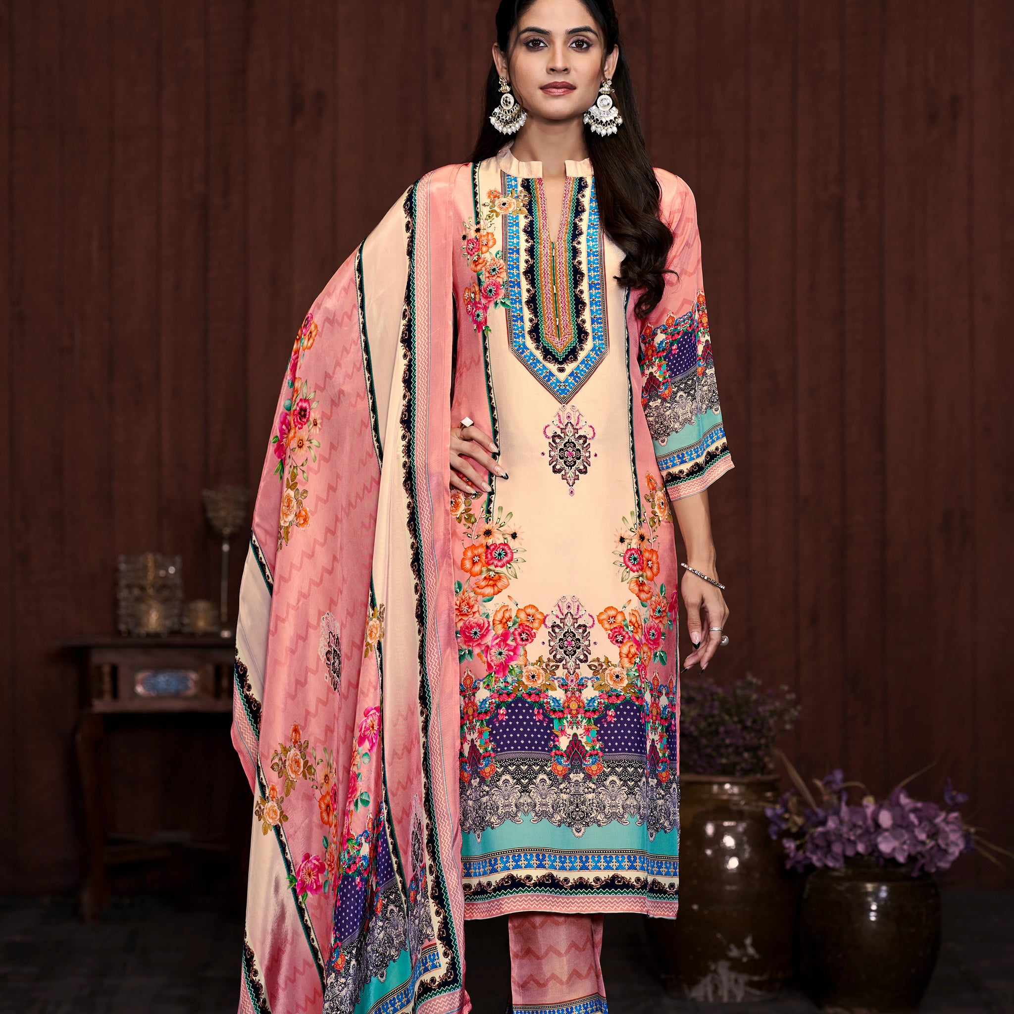 Pink Suits With Handwork In Pure Viscose Natural Crep Fabrics