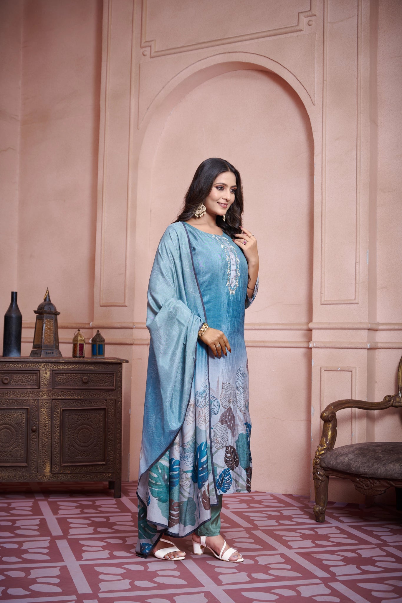 Aqua Green Blue Suits With Handwork In Pure Viscose Taspa Fabrics - Buy Premium Ethnic Wear Online at Avitra