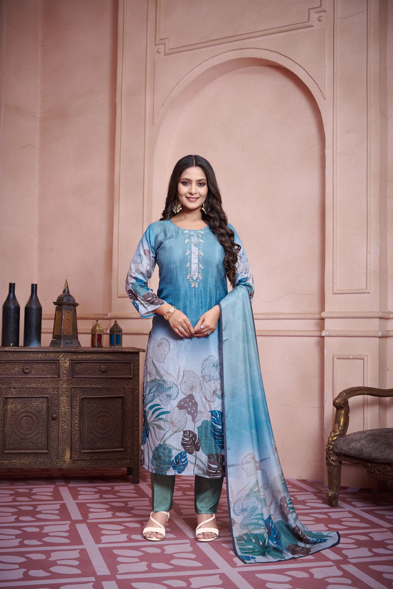 Aqua Green Blue Suits With Handwork In Pure Viscose Taspa Fabrics - Buy Premium Ethnic Wear Online at Avitra
