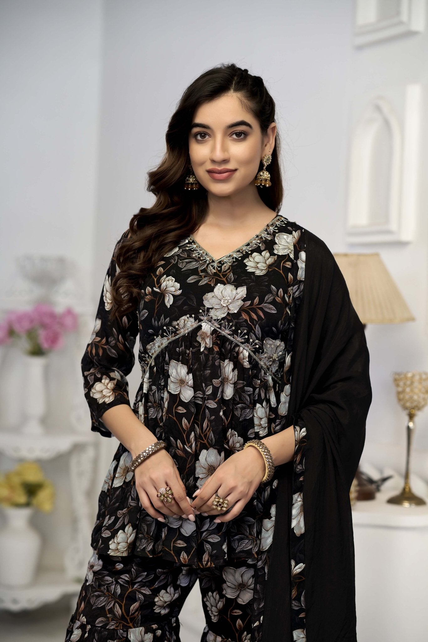 Black Sharara With Handwork In Pure Chinon Fabrics - Buy Premium Ethnic Wear Online at Avitra