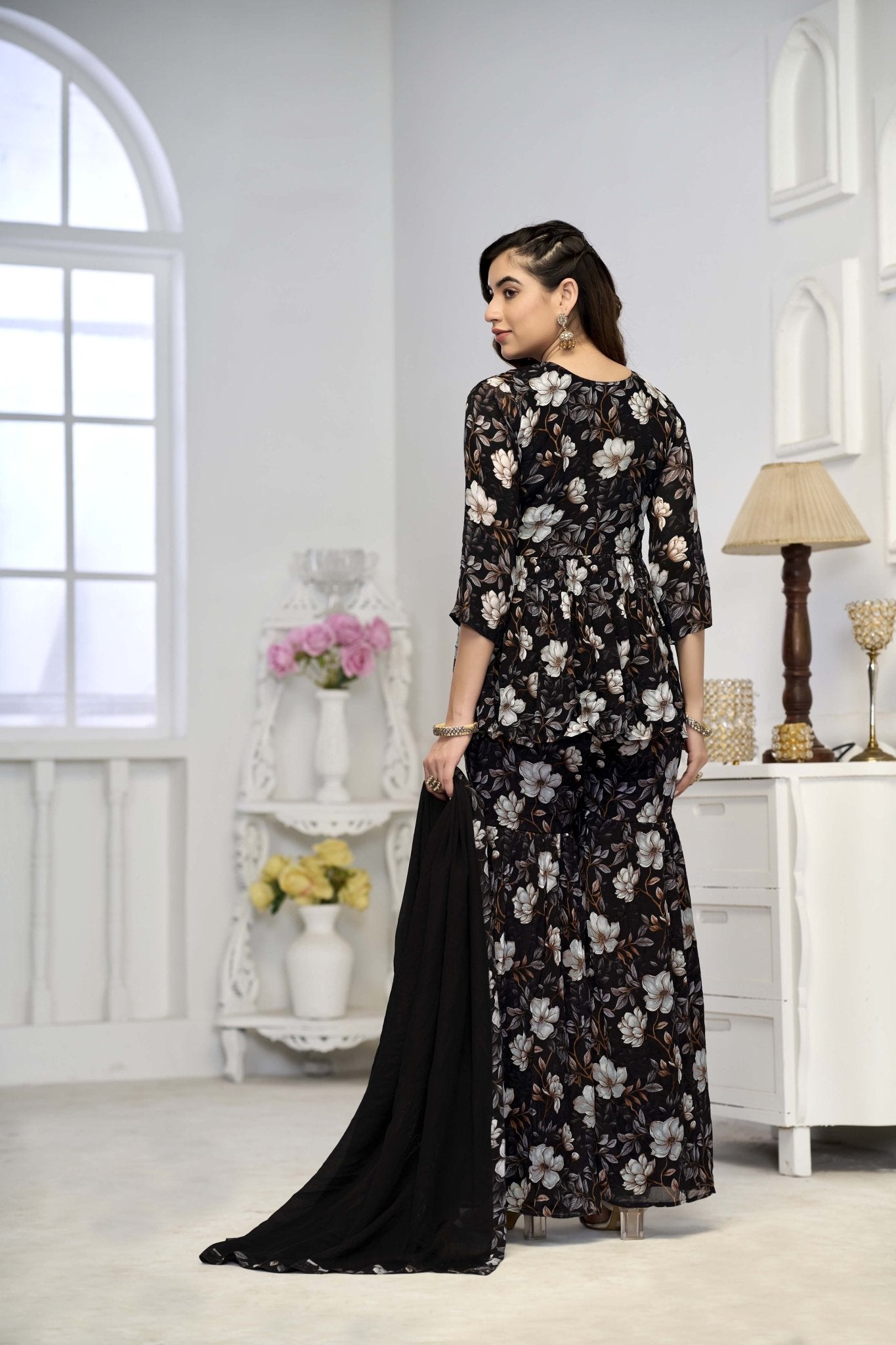 Black Sharara With Handwork In Pure Chinon Fabrics - Buy Premium Ethnic Wear Online at Avitra