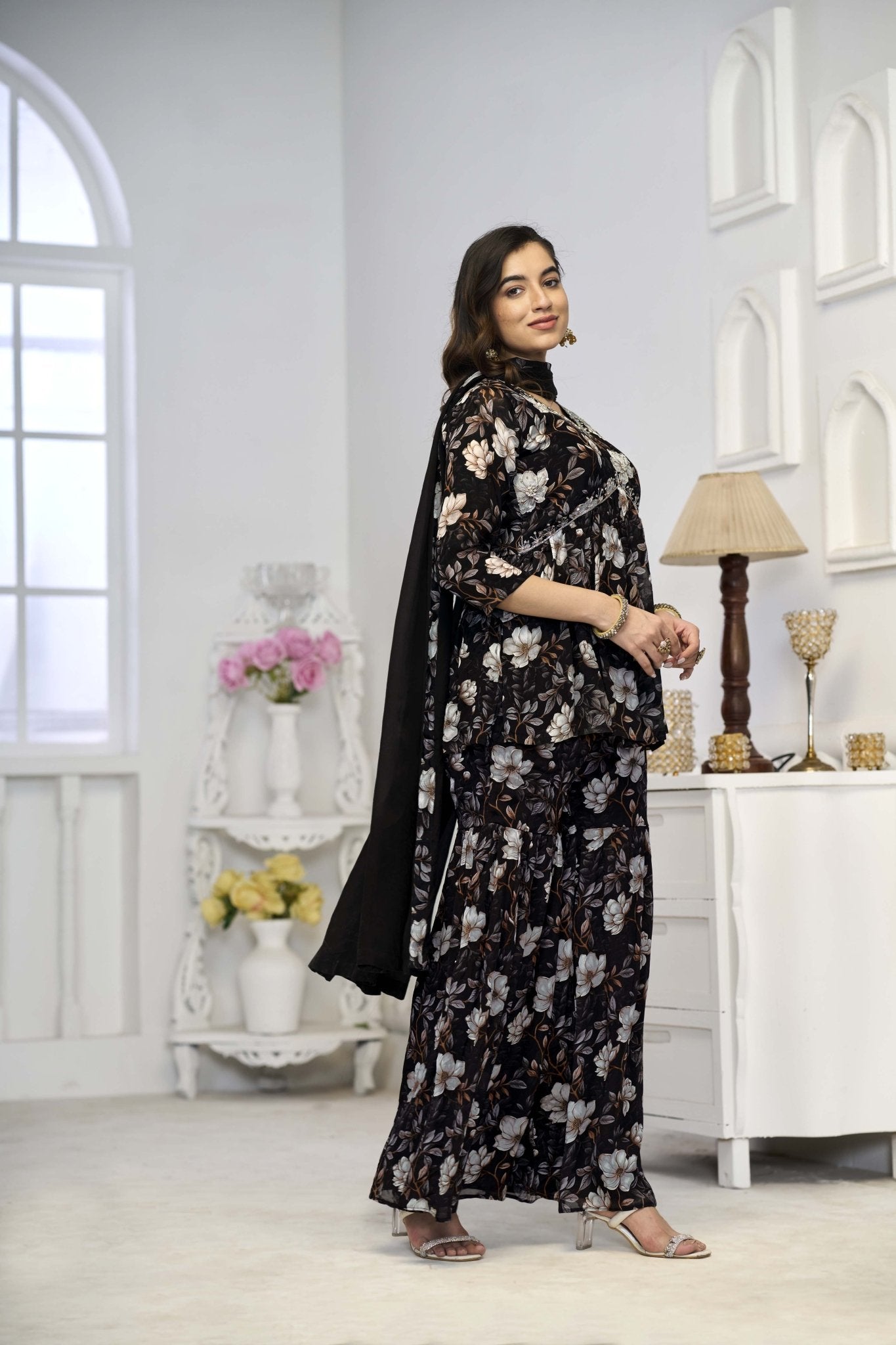 Black Sharara With Handwork In Pure Chinon Fabrics - Buy Premium Ethnic Wear Online at Avitra