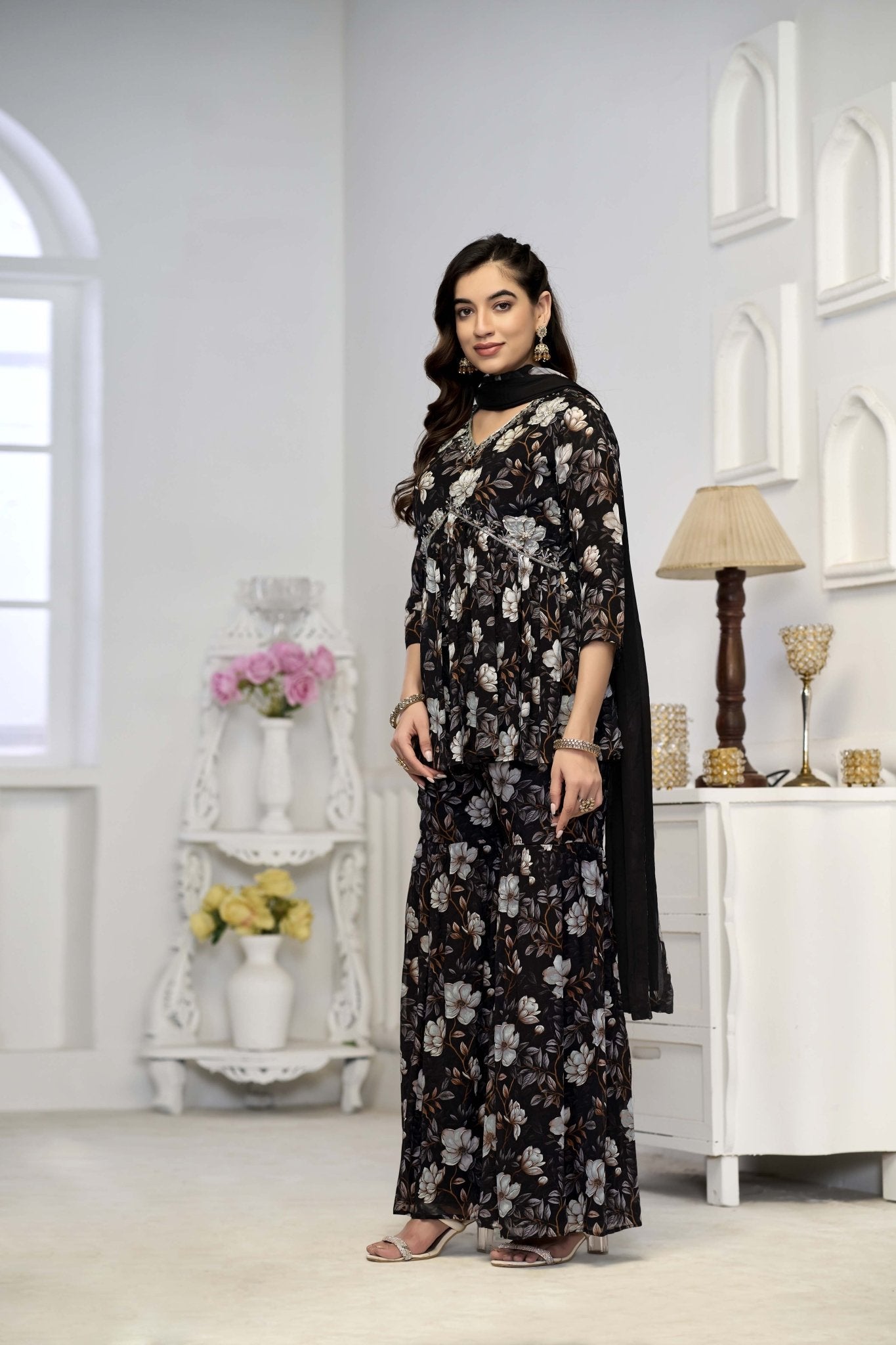 Black Sharara With Handwork In Pure Chinon Fabrics - Buy Premium Ethnic Wear Online at Avitra