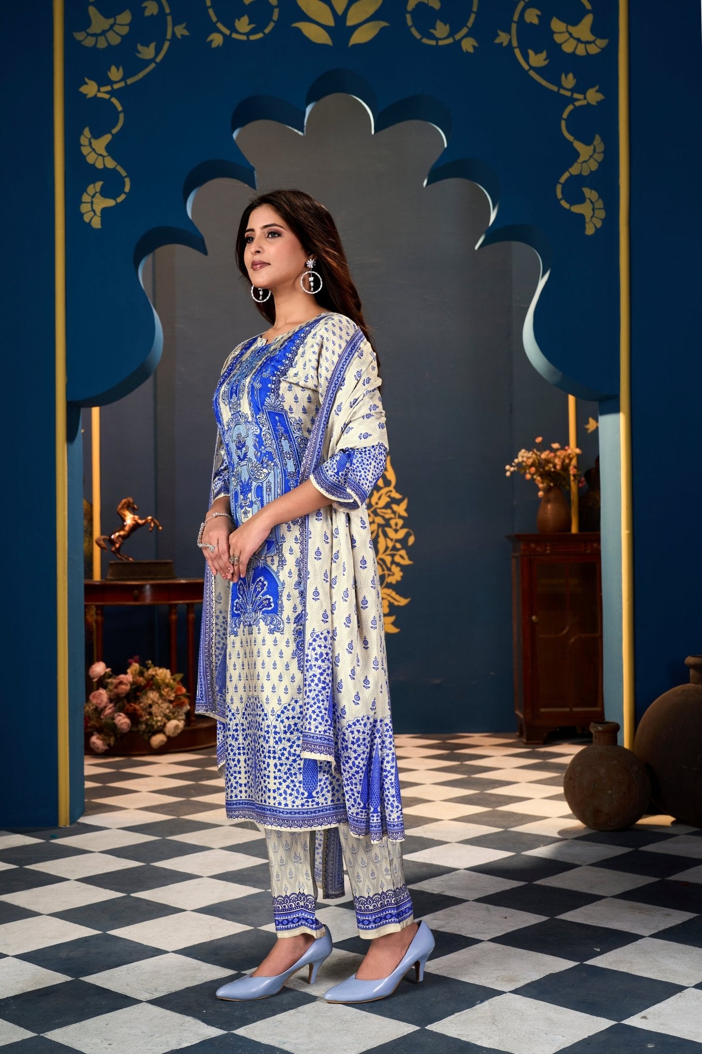 Blue Cream Pakistani Suits With Handwork In Pure Muslin Fabrics - Buy Premium Ethnic Wear Online at Avitra