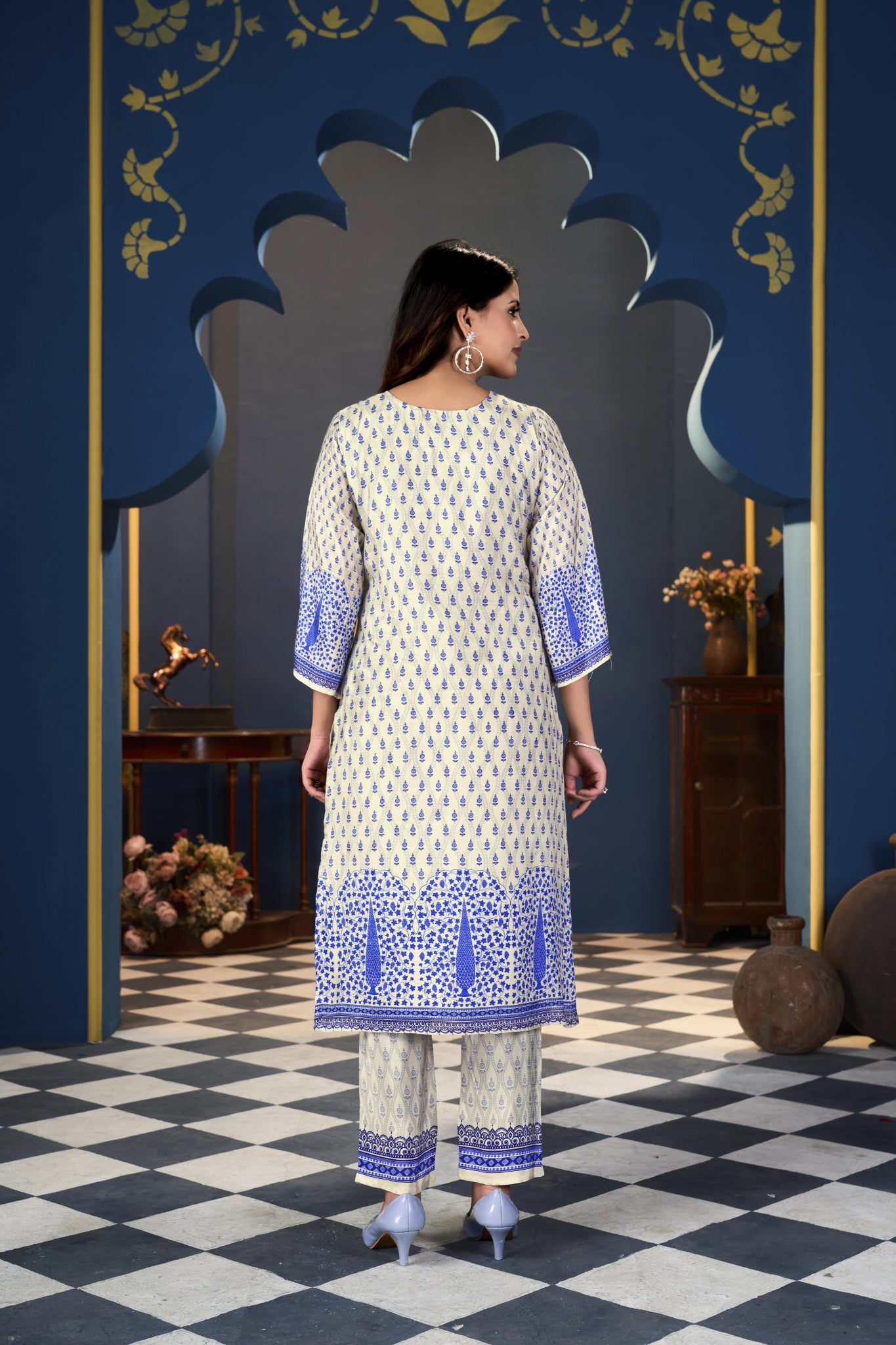 Blue Cream Pakistani Suits With Handwork In Pure Muslin Fabrics - Buy Premium Ethnic Wear Online at Avitra