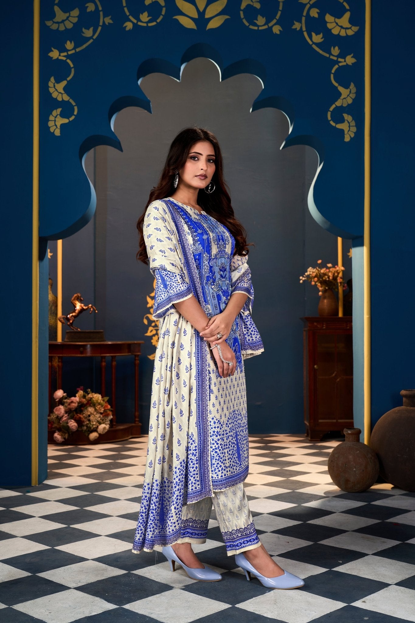 Blue Cream Pakistani Suits With Handwork In Pure Muslin Fabrics - Buy Premium Ethnic Wear Online at Avitra