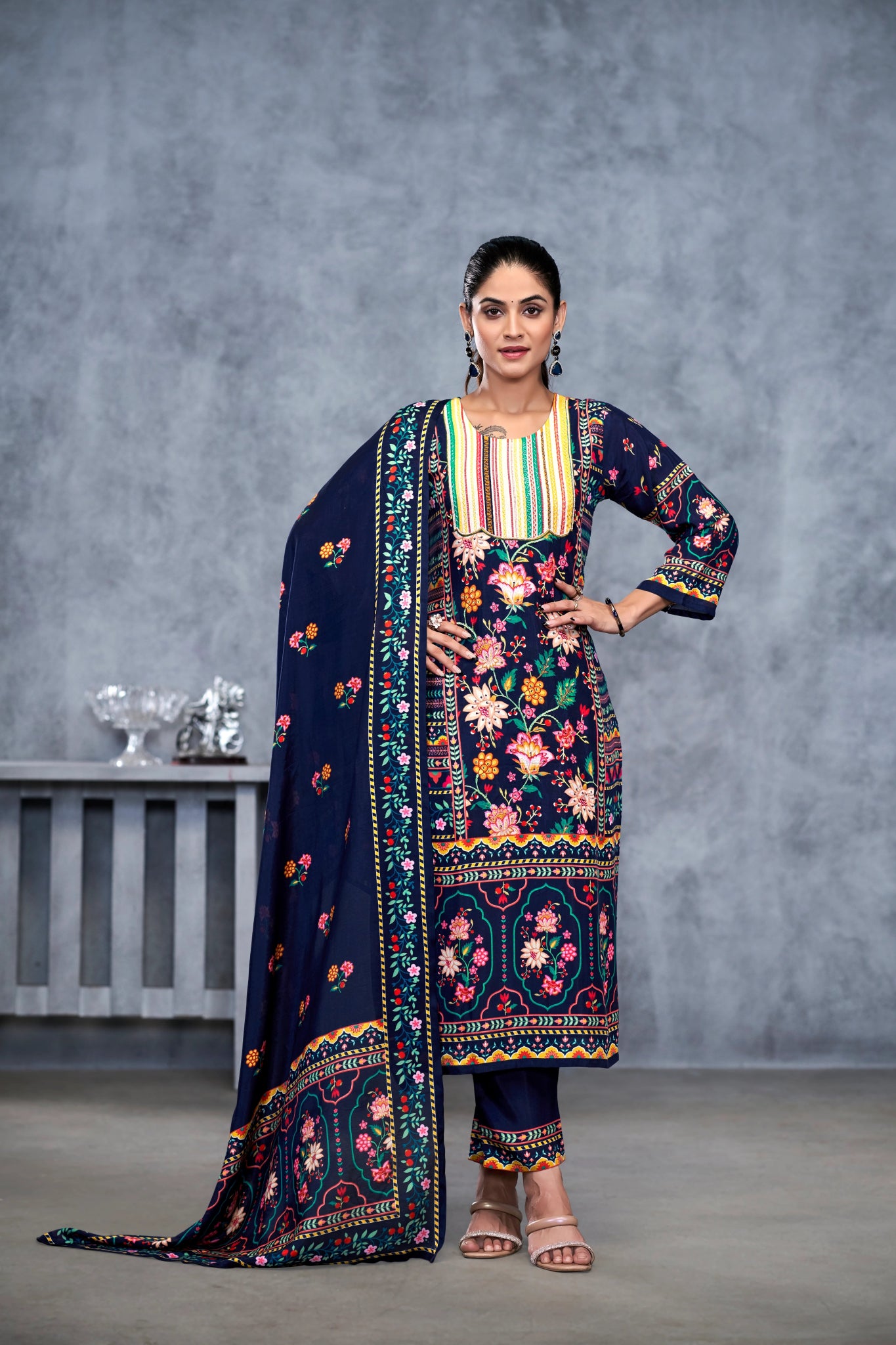 Blue Suits With Handwork In Pure Viscose Muslin Fabrics - Buy Premium Ethnic Wear Online at Avitra