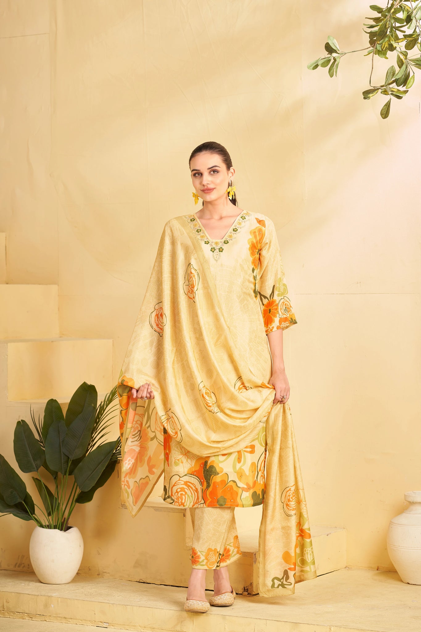 Floral Elegance Yellow Printed Suits - Buy Premium Ethnic Wear Online at Avitra