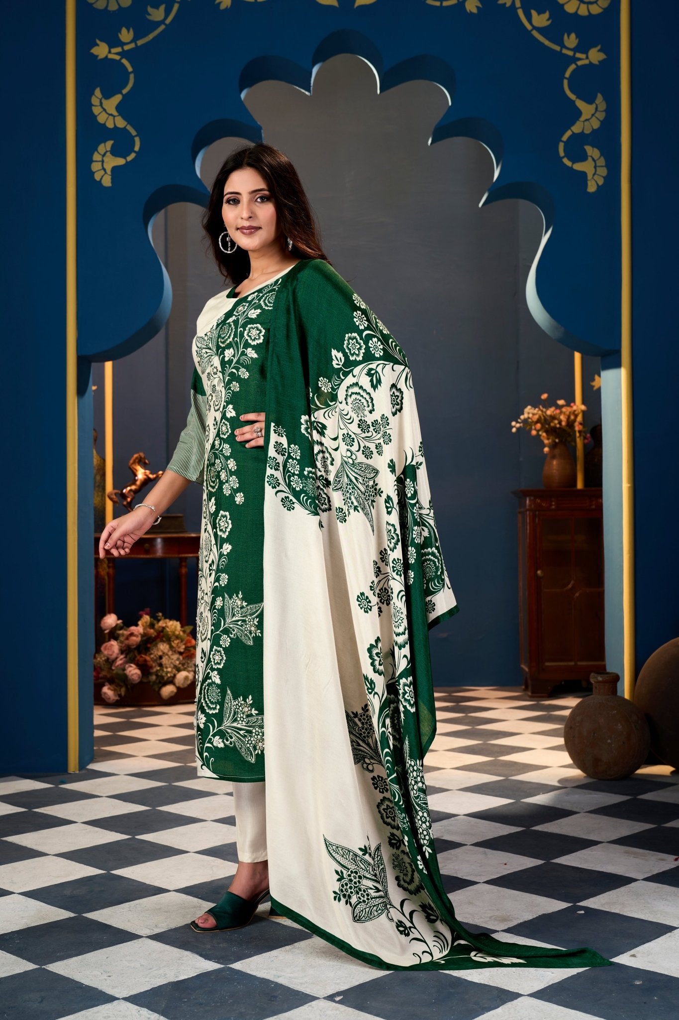 Half Green Cream Suits With Handwork In Pure Muslin Fabrics - Buy Premium Ethnic Wear Online at Avitra