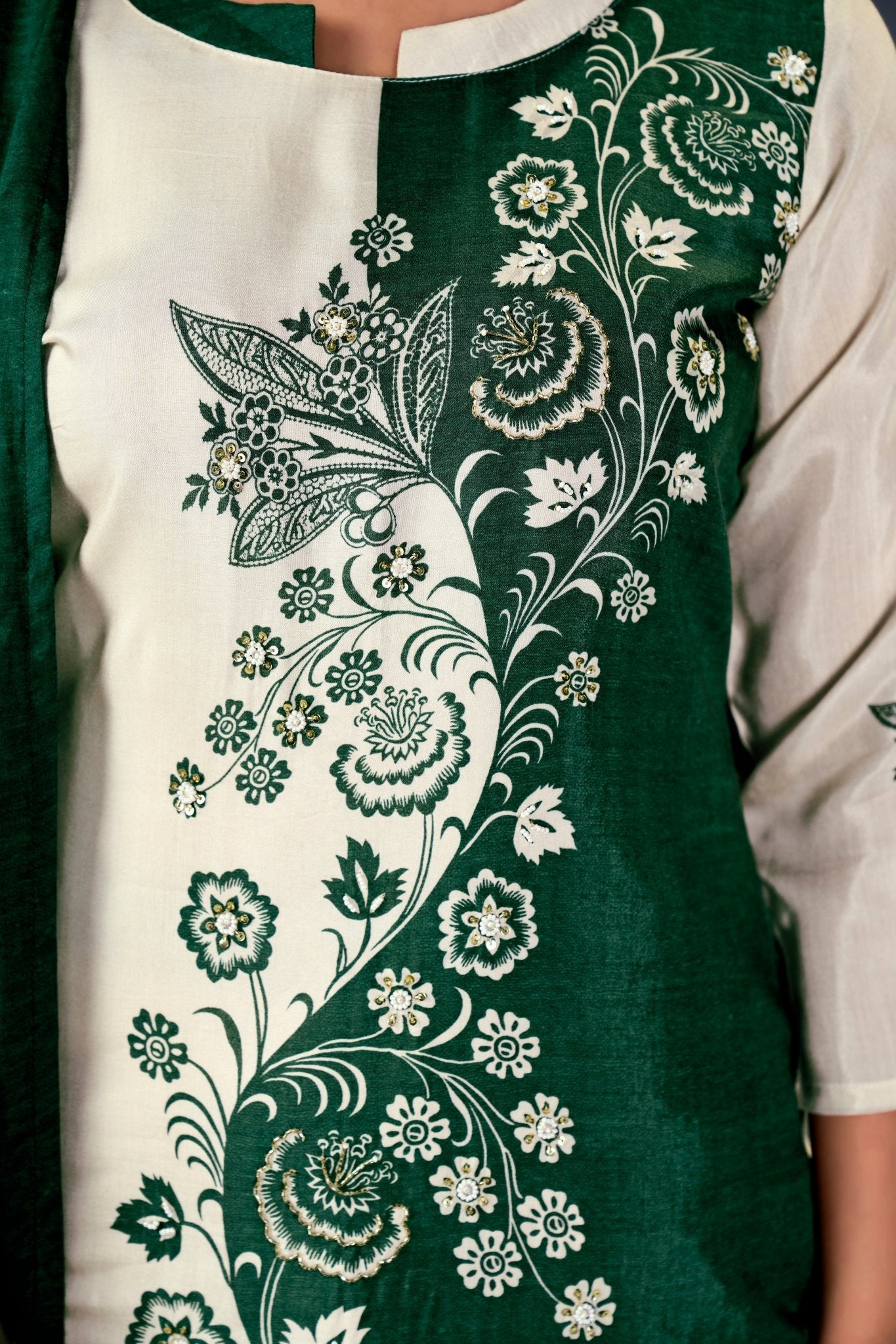 Half Green Cream Suits With Handwork In Pure Muslin Fabrics - Buy Premium Ethnic Wear Online at Avitra