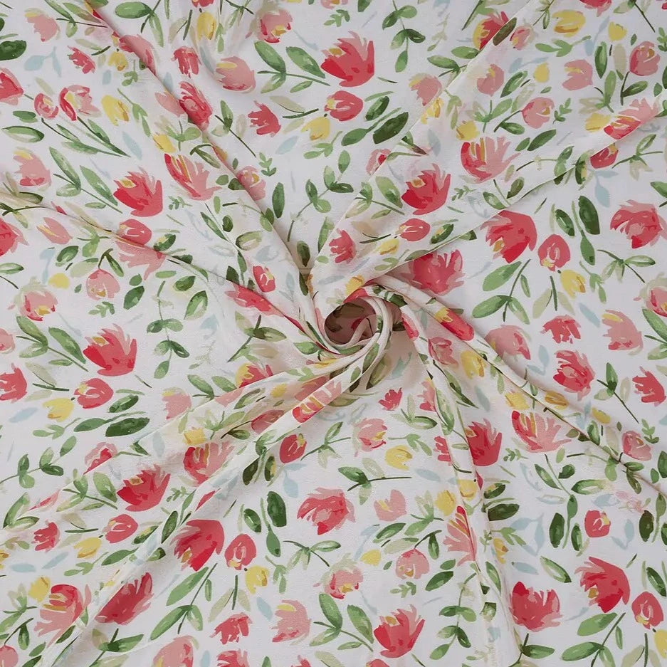 Red Pink Yellow combine Flowers Digital Print Viscose Chinon Fabric