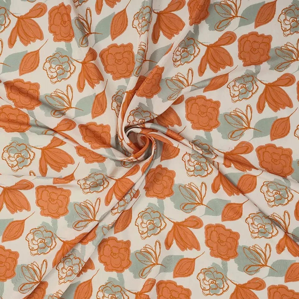 Orange Flower & Leaf Pattern Digital Print Muslin Fabric