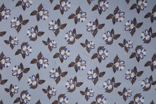 White Blue Flower Pattern Digital Print Muslin Fabric