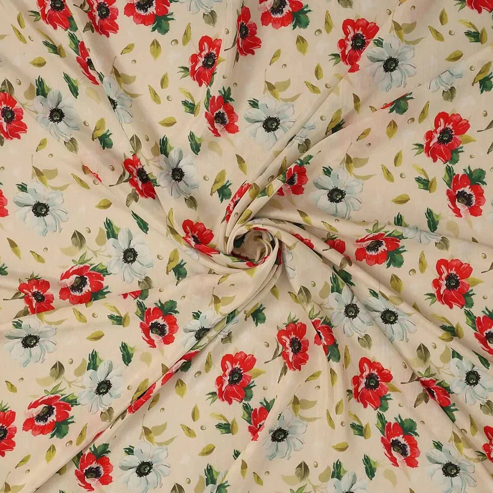 Red White Flower Pattern Digital Print Muslin Fabric