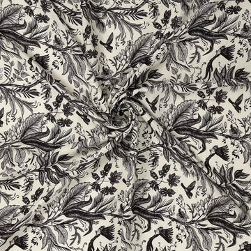 Black Cream Leafs Pattern Digital Print Muslin Fabric