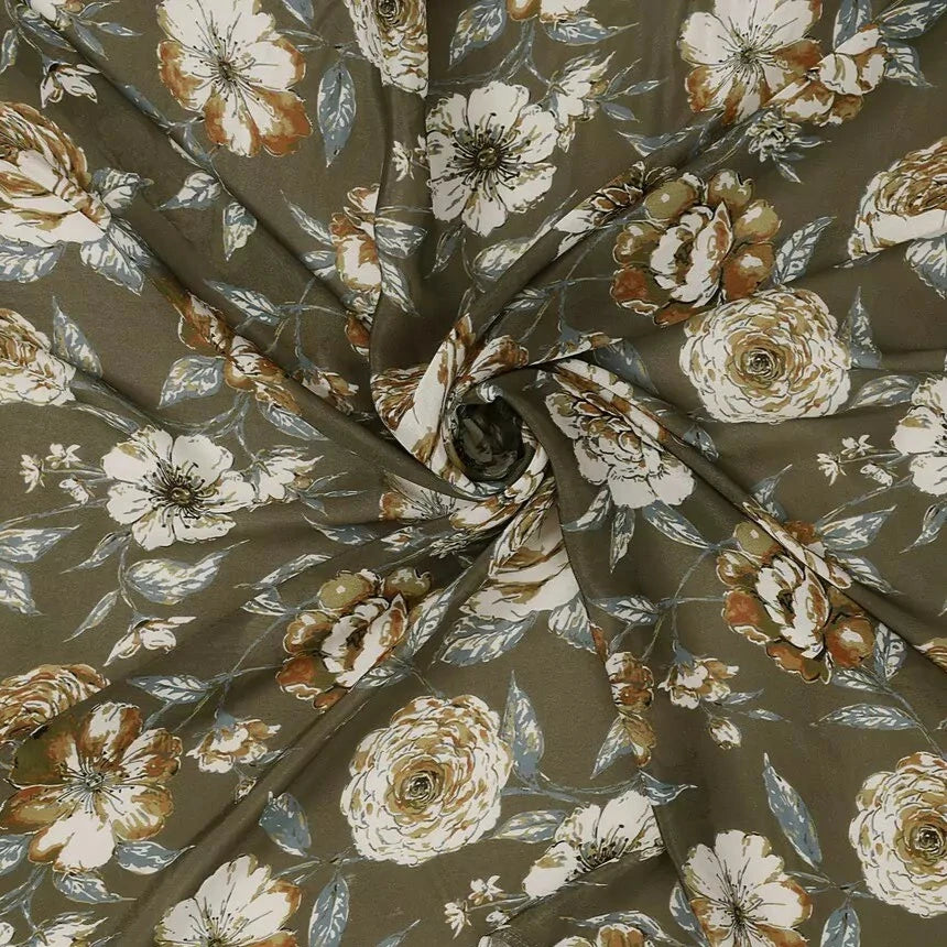 White Yellow combine Flowers Digital Print Viscose Chinon Fabric